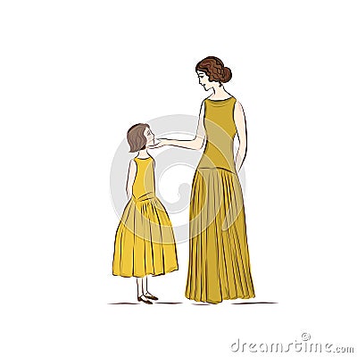 Mother love daughter dressed in yellow dresses. Vector Illustration